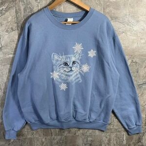 blue cat snowflake sweatshirt Woman's Size XL #catlover #winterwear Grandmacore